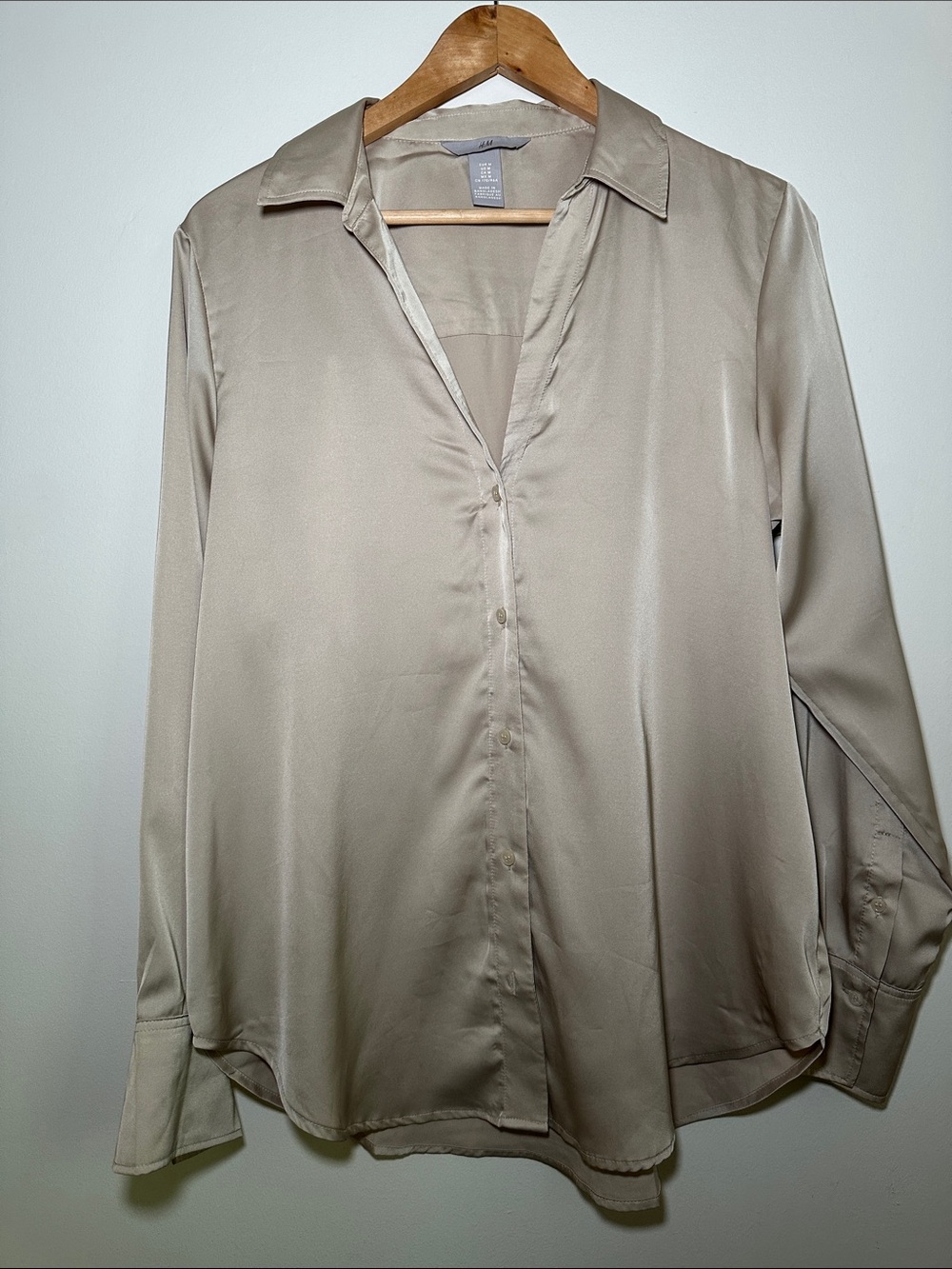 H&M Taupe Button-Down Satin Long Sleeve Shirt